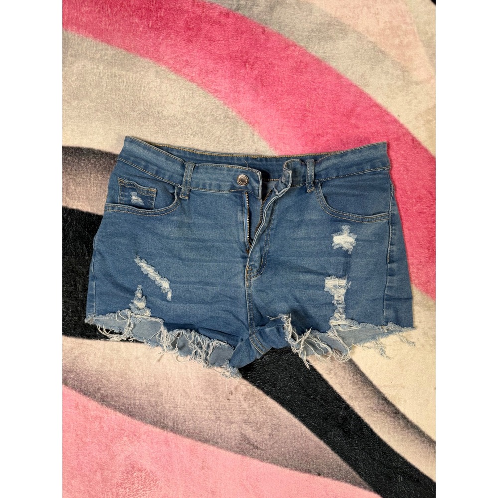 Shein Womens Distressed Denim Shorts Medium Wash Ripped Frayed Hem Size L 8/10
